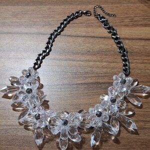 Crystal Flower Faceted Black Rhinetone Cluster Statement Necklace
